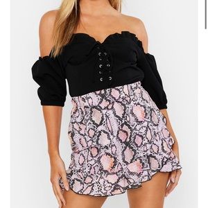 Petite Wrap Ruffle Pink Snake Skirt
